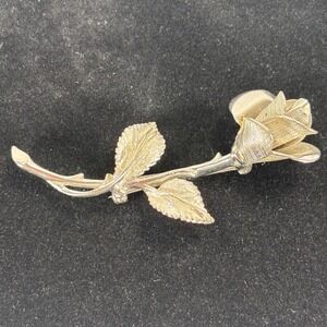 Pastelli Vintage Rose Flower Brooch Silver Tone Textured Stem & Petals 3" Signed